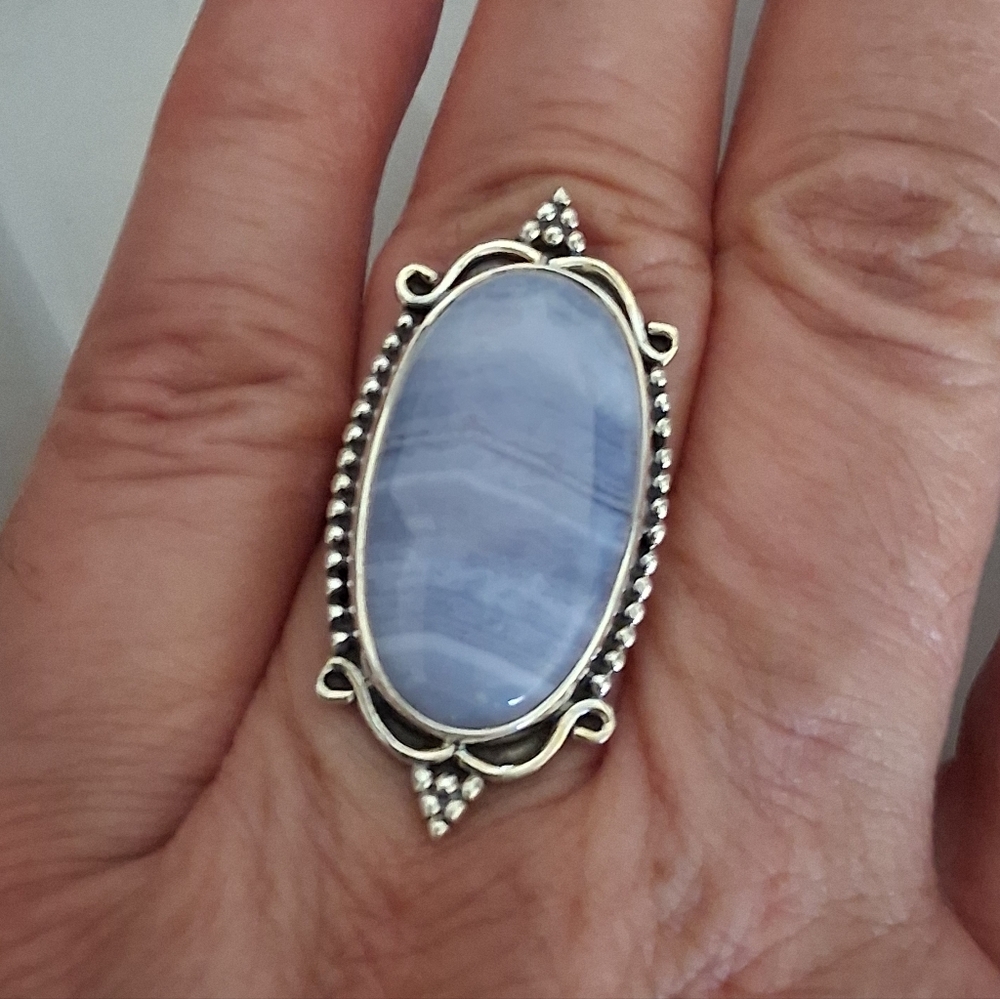 BLUE LACE AGATE RING 925 STERLING SILVER SIZE 7 - Picture 2 of 7